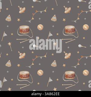 Muster Aquarell Illustrationen Holzspielzeug, Trommel, drehbare Oberseite in Sternen und Girlande Fahnen auf grauem Hintergrund. Nahtloser Druck im Cartoon-Stil Stockfoto