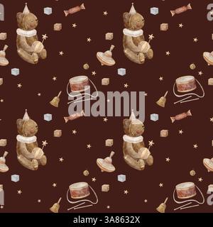 Nahtloses Muster von Vintage-Spielzeug Teddybär, Spinning Top, Ball, Würfel, Sterne. Aquarellabbildung auf farbigem burgunderroten Hintergrund zum Drucken Stockfoto