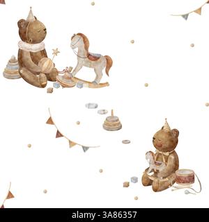 Teddybären mit Aquarellmuster, Schaukelpferd, festliche Girlande. Nahtloser Print im Retro-Stil. Kinderillustration auf isoliertem Hintergrund für Stockfoto