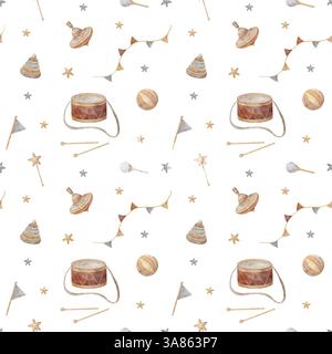 Holzspielzeug mit nahtlosem Muster, Trommel, Drehplatte, Pyramide, Kugel, Klappern in Sternen und Flaggengirlande in Pastellfarben. Aquarellabbildung ein Stockfoto