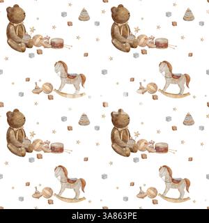 Vintage-Spielzeug mit nahtlosem Muster, Teddybär, Swing Horse beige Pastellfarbe. Aquarellillustration auf isoliertem weißem Hintergrund für Textildesign Stockfoto