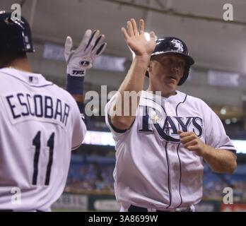19. April 2013: St. Petersburg, FL, USA - der Teamkollege Yunel Escobar (11) gratulierte den Tampa Bay Rays Shelley Duncan, nachdem Duncan am Freitag, den 19. April 2013, im Tropicana Field in St. Petersburg, Florida, im dritten Inning gegen die Oakland Athletics einen Treffer erzielte. (Kreditbild: © Chris Zuppa/MCT/ZUMAPRESS.com) Stockfoto