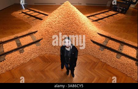 21. Januar 2013 - Oakland, CA, USA - Hung Liu, aus Oakland, eine chinesisch-amerikanische Künstlerin und Kunstprofessorin am Mills College in Oakland, Kalifornien, steht vor ihrem 1994 entstandenen Werk, das aus 200.000 Glücksplätzchen besteht, die am 21. Januar 2013 auf der Kreuzung der Eisenbahngleise Jiu Jin Shan (Old Gold Mountain) am Mills College in Oakland, Kalifornien, Kalifornien, stehen. (Kreditbild: © Doug Duran/MCT/ZUMAPRESS.com) Stockfoto