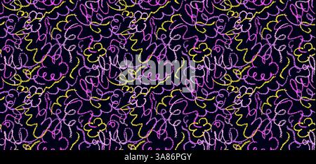 Nahtloses Muster mit Kritzelkreiden. Moderne, violett-orange gestrichene Schnitzel, gezeichnet mit Wachsstift auf schwarzer Tafel. Lustige bunte Hintergrundbilder Stock Vektor