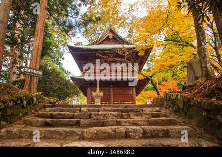 Eine Steintreppe führt zum buddhistischen Zen-Tempel des Enryaku-JI-Tempels, Mount Hiei (Hiei San), Kyoto-Gebiet, Honshu, Japan Stockfoto