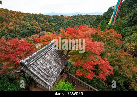 Panoramablick über das weite herbstliche Tal von Arashiyama, mit grauen Ziegeldächern des Daihikaku Senkoji Tempels, Kyoto, Honshu, Japan Stockfoto