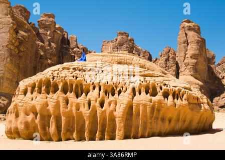 Elyseria von der Künstlerin Lita Albuquerque auf bemerkenswertem Sandsteinfelsen, Ausstellung Desert X Alula 2020, Ashar Valley, Provinz Medina, Saudi-Arabien Stockfoto