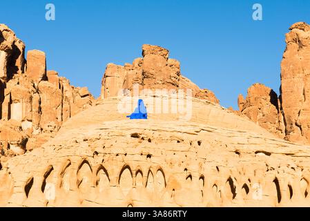 Elyseria von der Künstlerin Lita Albuquerque, die auf einem bemerkenswerten Sandsteinfelsen sitzt, 2020 Desert X Alula Ausstellung, Ashar Valley, Saudi Arabien Stockfoto