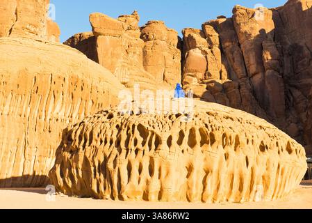 Elyseria von der Künstlerin Lita Albuquerque, die auf einem bemerkenswerten Sandsteinfelsen sitzt, 2020 Desert X Alula Ausstellung, Ashar Valley, Saudi Arabien Stockfoto