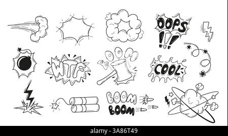 Boom-Effekte und Explosionselemente-Vektor. Skizzenelemente im Comic-Stil für dynamische Designs. Perfekt für Illustrationen und Comics Stock Vektor