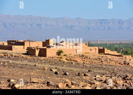 Dorf am Rande des Palmenhains, Straße von Zagora nach Agdz, Tal des Flusses Draa, Provinz Zagora, Region Draa-Tafilalet, Marokko Stockfoto