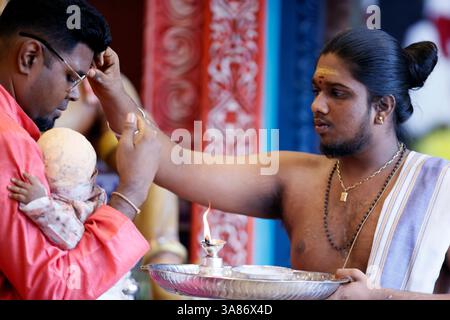 Hindu-Priester mit Puja, Hindu-Tempel und Schrein der Batu-Höhlen, Kuala Lumpur, Malaysia Stockfoto