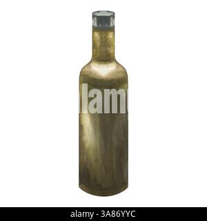 Dunkle Glasflasche mit Aquarellillustration aus Olivenöl. Handgezeichneter isolierter transparenter grüner Glasbehälter mit schwarzem Verschluss Clipart, Öl und Salatsoße po Stockfoto
