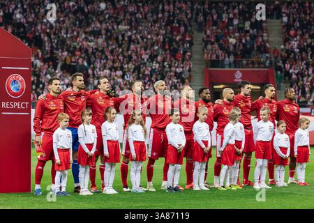Das Team Malta ist während der Europameisterschaft für das Spiel der FIFA-Weltmeisterschaft 2026 zwischen Polen und Malta im PGE Narodowy Stadium zu sehen. Stockfoto
