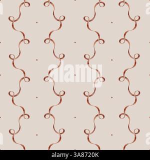 Muster mit Aquarellabbildungen Retro-rote Satinbänder auf beigefarbenem Hintergrund. Nahtloser Druck im Vintage-Stil für Design, Stoff und Kleidung Stockfoto