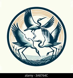 Drei Störche in kreisförmigem Design. Vektor-Illustration mit drei Störchen in einer stilisierten natürlichen Umgebung, perfekt für Logos oder Embleme. Stock Vektor