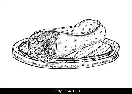 Tortilla Wrap gefüllt mit Fleisch und Gemüse, platziert auf rustikalen hölzernen runden Brett Vektorkunst. Traditionelle mexikanische Burritos zum Mitnehmen Stock Vektor