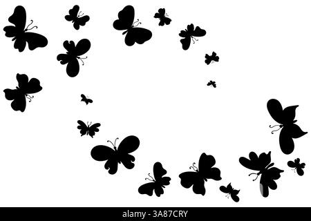 Schmetterlinge Silhouette fliegt, spiralförmige Anordnung isoliert auf weißem Hintergrund. Zufällig verstreute Schmetterlingssilhouetten für Banner und Druckdesign Stock Vektor