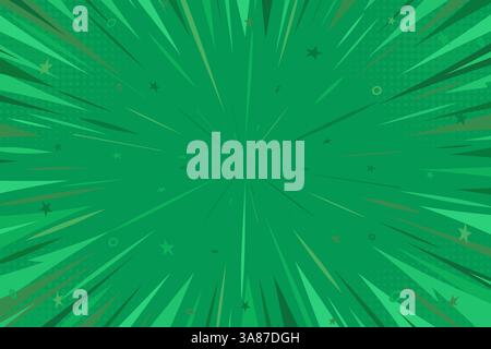 Pop Art Comic grüner Hintergrund. Radiale Linien-Manga-Kulisse mit Halbton, Sternen und dekorativen Kreisen. Superhelden-Comics Stock Vektor