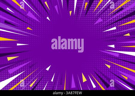 Pop Art Comic lila Hintergrund. Moderner kreativer lila Hintergrund mit Rastermaß und Geschwindigkeitslinien und -Strahlen. Hintergrund für Geschwindigkeitszoom in violett, weiß und Stock Vektor