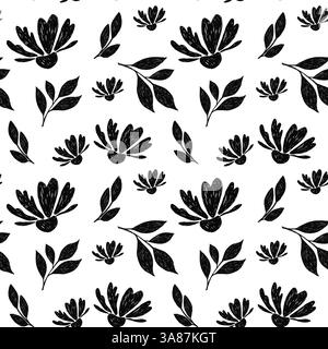 Elegantes nahtloses Muster mit Frühlingsblumen und Pflanzen im trendigen Bleistift- und Buntstift-Zeichenstil. Schwarzes, kräftiges Buntstift-Blumenmuster. Manuell gezeichnet Stock Vektor