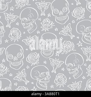 Nahtloses Muster mit handgezeichneten grauen und weißen Blumenknöpfen, umgeben von luna Motten und Rosen Stock Vektor