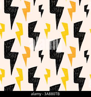Nahtloses Bleistiftmuster mit kräftigen, groovigen Blitzschlägen. Lustiges, auffälliges, gezeichnetes Donner-Muster mit Buntstift. Stock Vektor