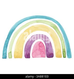 Farbenfroher Wasserfarbenregen isoliert auf weißem Hintergrund. Abstrakter Pinselstrich handgemalt Regenbogen für Geschenkpapier, Kinderzimmer, Kinder, Druck, Karten Stock Vektor