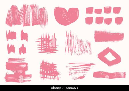 Pinsel Pinsel Pinselkollektion In Pink. Vector Dirty Grunge Pinselstriche in verschiedenen Formen, Banner, Boxen, Spritzer und Flecken Stock Vektor