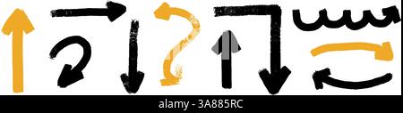 Schwarze und gelbe Pinselpfeile mit Kritzelmarkierungen. Illustration des flachen Vektors auf weißem Hintergrund isoliert. Stock Vektor