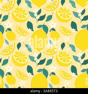 Hand Gezeichnete Umrisse Zitronenfrüchte Nahtloses Muster. Bunte frische Zitrusfrüchte mit blühenden Zweigen, Blättern, halbgeschnittenen Zitronen und Zitronenscheiben für Stoffe Stock Vektor