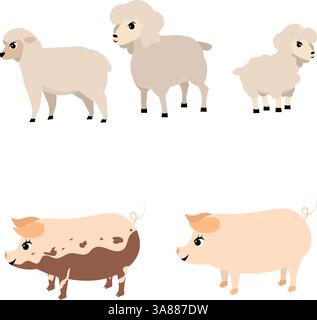 Nutztiere. Niedliche Farm. Set von Schafen und Schweinen. Sammlung von Nutztieren. Illustration des flachen Vektors des Babys. Isoliert auf weißem Hintergrund. Stock Vektor