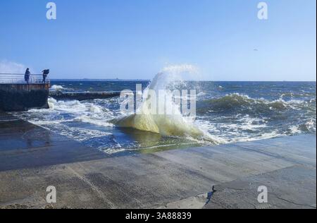 Sturm auf See an einem sonnigen Sommertag. Große Meereswellen mit weißem Schaum, die an einem sonnigen Tag an einem alten Betonpier krachen. Viele Spritzer von Big Waves Crashi Stockfoto