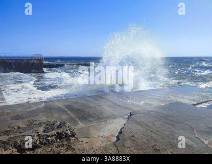 Sturm auf See an einem sonnigen Sommertag. Große Meereswellen mit weißem Schaum, die an einem sonnigen Tag an einem alten Betonpier krachen. Viele Spritzer von Big Waves Crashi Stockfoto