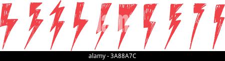 Rote, handgezeichnete Kritzelemente sorgen für Blitze, Gewitterblitz, Sketchkreide und Rock-Vibe. Illustration des flachen Vektors isoliert auf weißem Hintergrund Stock Vektor