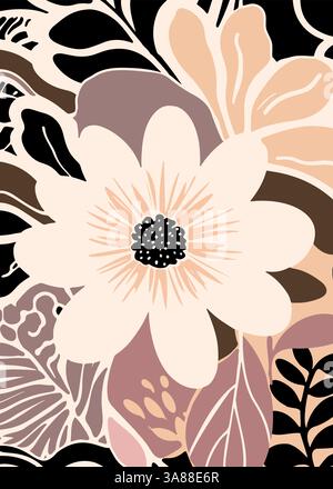 Minimales abstraktes Blumenmuster in neutralen Tönen. Ethnisch inspiriertes Vektordesign mit glatten Formen, perfekt für moderne Einrichtung und Mode. Stock Vektor