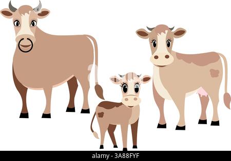 Nutztiere. Niedliche Farm. Stier, Kuh und Kalb auf weißem Hintergrund. Sammlung von Nutztieren. Illustration des flachen Vektors des Babys. Isoliert auf weißem Backgr Stock Vektor