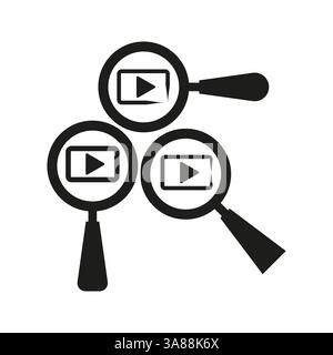 Lupensymbole. Symbole für die Videosuche. Grafik der Wiedergabetaste. Vektorabbildung. Stock Vektor