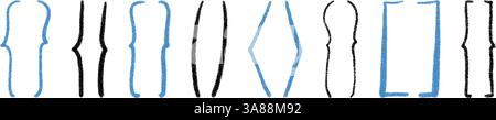 Handgezeichnete geschweifte Klammern und Klammern. Typografie-Symbole kritzeln, eckige Klammern, Textrahmen und Satzzeichen. Flache Vektorillustraten Stock Vektor