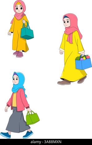 Dieses Illustrationsset zeigt drei muslimische Zeichentrickfrauen, die Hijabs und bescheidene Kleidung tragen, während sie gerne Einkaufstaschen und Einkaufskörbe tragen Stock Vektor
