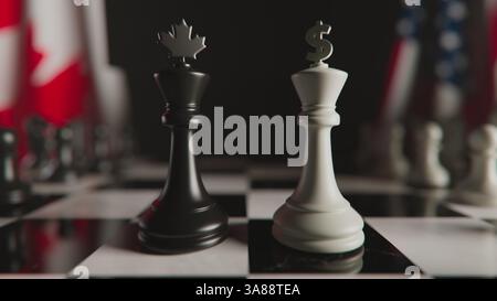3D-Animation des Schachbretts mit kanadischen und amerikanischen Nationalflaggen im Hintergrund. Visualisierung von Regierungsrichtlinien oder Konflikten zwischen Kanada und den USA. Diplomatische Beziehungen der Länder. Stockfoto