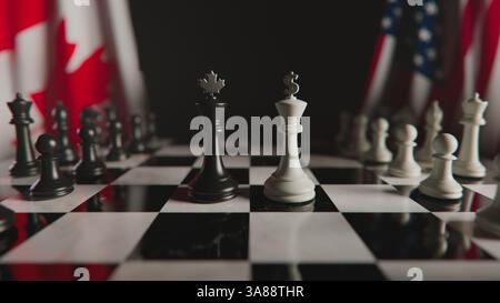 3D-Animation des Schachbretts mit kanadischen und amerikanischen Nationalflaggen im Hintergrund. Visualisierung von Regierungsrichtlinien oder Konflikten zwischen Kanada und den USA. Diplomatische Beziehungen der Länder. Stockfoto