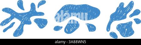 Wasserpfütze mit Regentropfenrissen und Flüssigkeitsspritzern von Hand zeichnen. Blaue Flüssigkeit verschüttete auf nassem Untergrund. Illustration des flachen Vektors isoliert auf Wi Stock Vektor