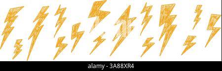 Handgezeichnete Blitzkritzeleien mit gelber Felsenenergie. donner-Sterne und feurige Herzen im Zeichenstift-Stil. . Abbildung des flachen Vektors isoliert auf wh Stock Vektor