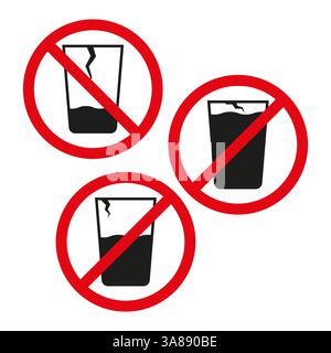 Schild mit Glasbruch. Keine Risse in den Bechern. Rotes Verbotssymbol. Schwarz-weiß-Design. Stock Vektor