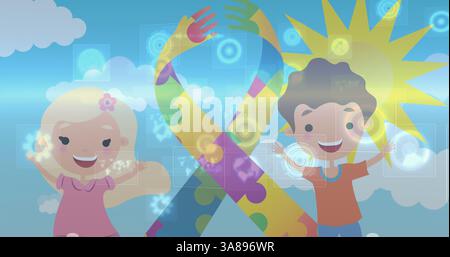 Bild von Band mit bunten Puzzleteilen und glücklichem Jungen und Mädchen Stockfoto