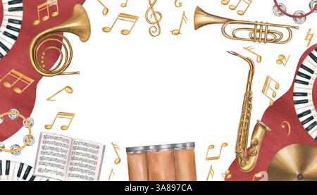 Aquarellpercussion, Saiten- und Bläserinstrumente, Musiknoten, rote Spritzer horizontaler Rahmen isolierter Hintergrund. Schlagzeug, Kontrabass, Klavier Stockfoto