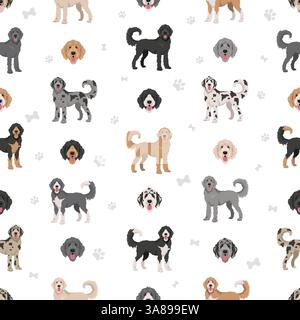 Großartiges nahtloses Danoodle-Muster. Toller Dane-Pudel-Mix, verschiedene Fellfarben eingestellt. Vektorabbildung Stock Vektor