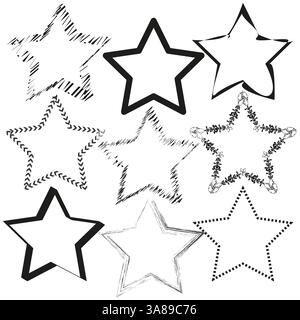 Stern umgibt Vektor. Verschiedene dekorative Formen. Schwarz-weiß-Design. Abstraktes minimales Bildmaterial. Stock Vektor