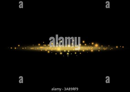 Goldene Lichtstreifen mit funkelnden Partikeln auf schwarzem Hintergrund eleganter Glow-Effekt für Luxusdesigns. Stockfoto